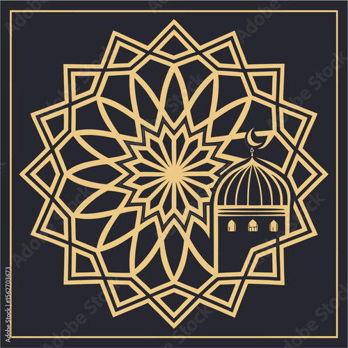 Golden Mosque Dome Emblem with Geometric Islamic Pattern, A refined vector featuring a gold mosque dome with crescent moon, encased in a symmetrical Islamic geometric frame on a dark background — symb