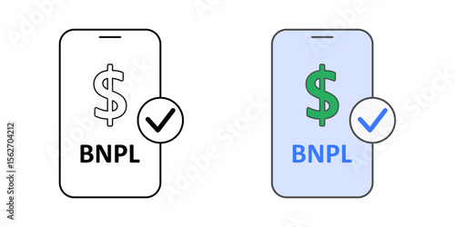 BNPL payment success on mobile icon with smartphone, dollar symbol, and check mark, perfect for finance, digital payments, and buy now pay later confirmation illustrations.