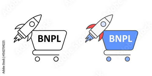Express checkout with BNPL icon showing rocket and shopping cart, perfect for e-commerce, fast payment, and buy now pay later illustrations.