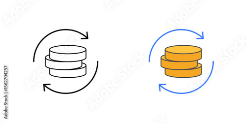BNPL subscription plan icon with repeat arrows and coins, ideal for finance, recurring payments, and buy now pay later service illustrations.
