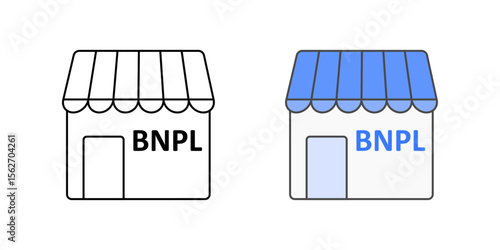 Online shop with BNPL icon showing storefront and BNPL badge, ideal for e-commerce, digital finance, and buy now pay later platforms.