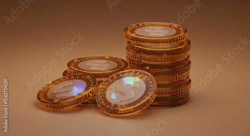 Golden Dollar Sign Coins Stack 3D Render - Digital Currency Finance Investment Concept