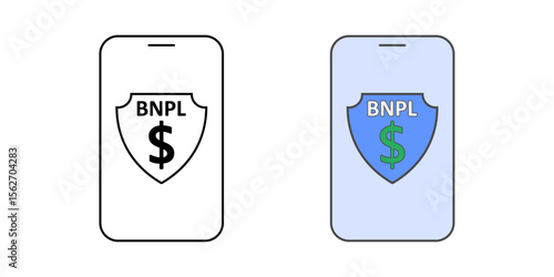 Secure BNPL payment on mobile icon with smartphone screen, dollar sign, and shield symbol, ideal for finance apps, digital security, and buy now pay later platforms.