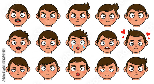 Cartoon Boy Face Expressions Set - Various Emotions Avatar Collection Vector Illustration