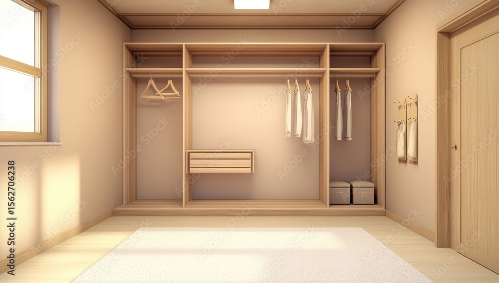 Fototapeta premium Empty light beige walk-in closet with wooden accents, natural light