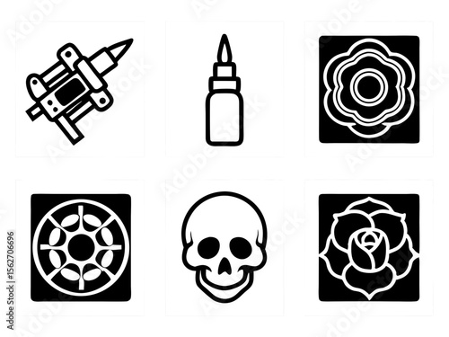 Collection of tattoo art icons featuring a tattoo machine ink bottle skull and flowers