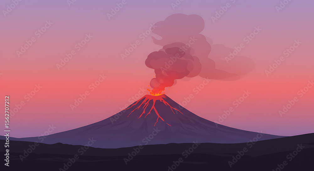 Obraz premium Erupting Volcano at Dusk: Stylized Volcanic Landscape