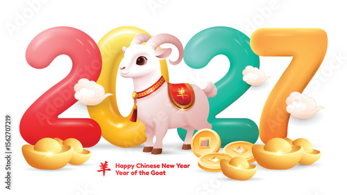 Year of The Goat 2027 sign with Cute 3D Goat in front of the numbers with some coins and ingots. Translation : Goat