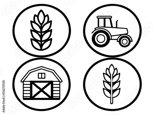 Set of four agricultural icons representing farming and crops in circles