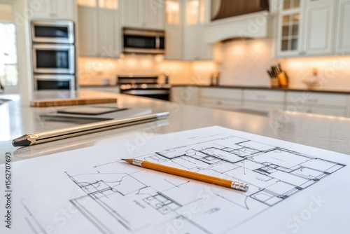 Kitchen design blueprints on a countertop. 