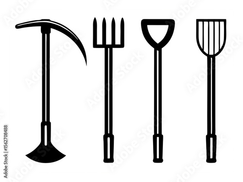 Collection of four black and white silhouette garden tools on a white background