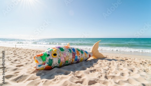 Colorful fish sculpture made of plastic on sandy beach by the ocean  