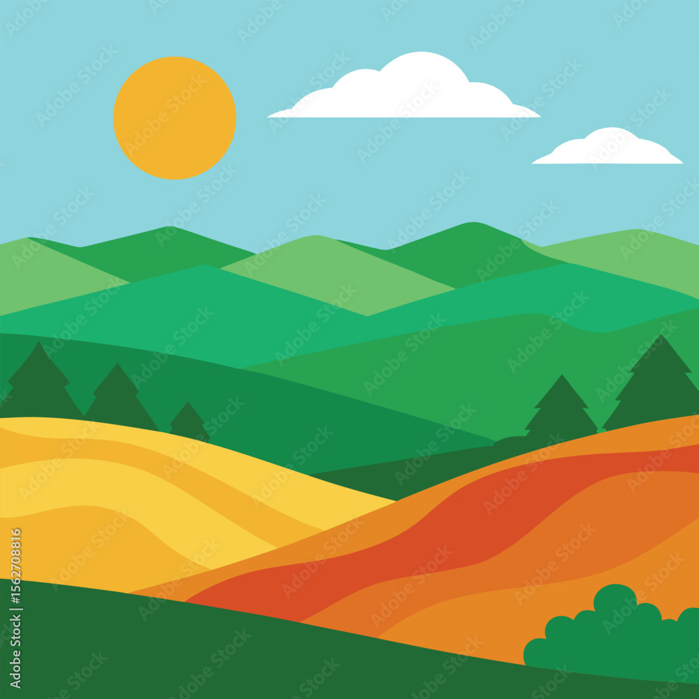 Fototapeta premium Wide Landscape View of Rolling Hills Vector Design Illustration