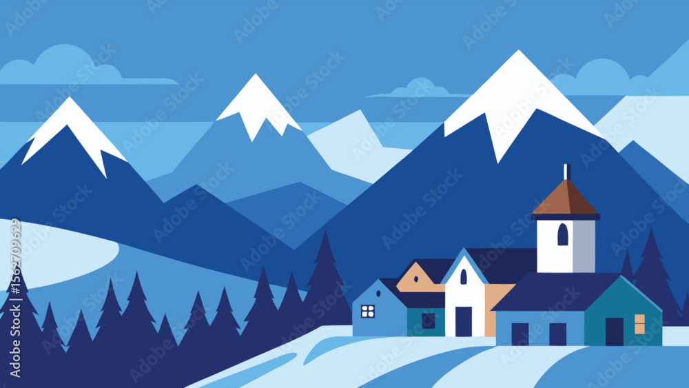 Fototapeta premium Snowy Mountain Village Winter Morning Scene
