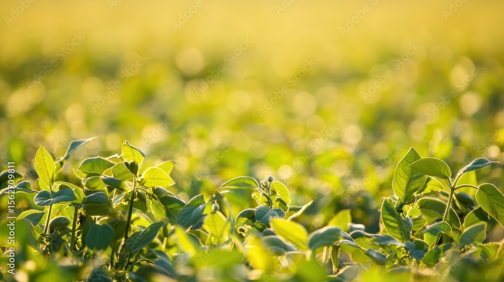 Fototapeta premium A vibrant green soybean field with a blurred background, illuminated by sunlight, showcasing the lush green leaves and stems of the soybeans.