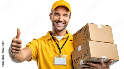 Delivery Guy with Boxes: A smiling delivery person in a yellow uniform, holding two packages and giving a thumbs-up, embodies reliability and efficient service.