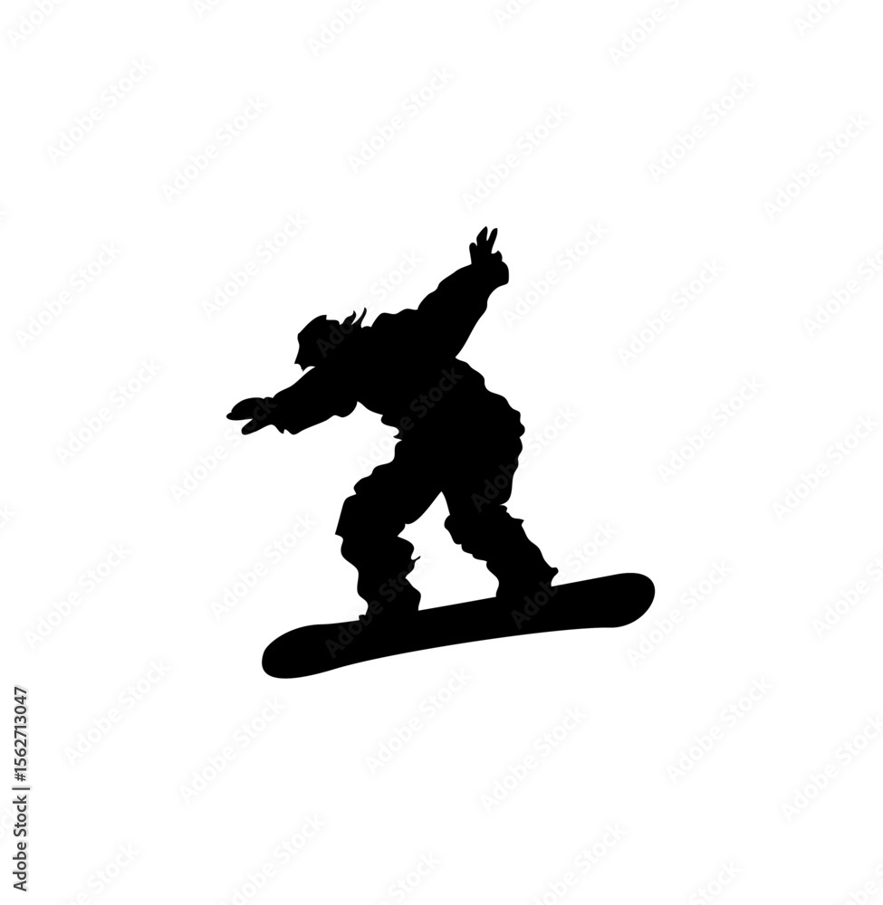Fototapeta premium A Bigfoot silhouette snowboarding, arms outstretched, enjoying a snowy adventure.