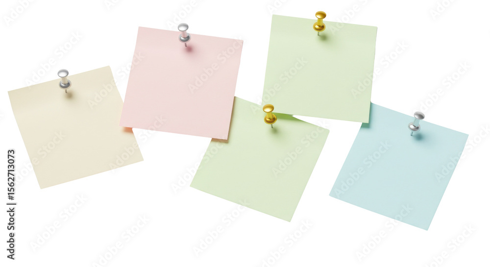 Arrangement of colorful sticky notes with push pins isolated PNG with Transparent Background Arrangement of colorful sticky notes with push pins isolated PNG with Transparent Background