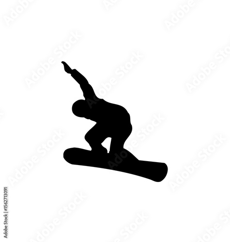 Silhouette of a snowboarder in action, mid-air, performing a trick with arm extended.