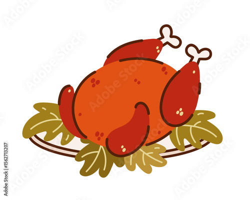 Roasted turkey vector icon. Fat poultry with lettuce on a plate. Tasty hot duck, chicken baked on the grill. Dish for Thanksgiving, family dinner. Traditional cooked bird for the holiday. Flat clipart