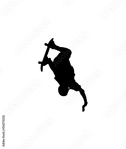 Silhouette of a skateboarder mid-air performing an acrobatic trick.