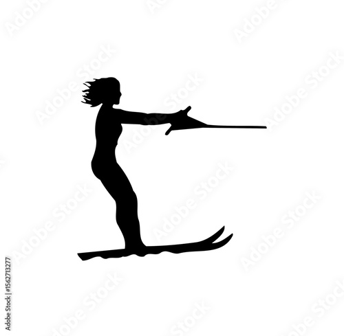 Silhouette of a woman water skiing, holding the rope, with wind in her hair, on a white background.