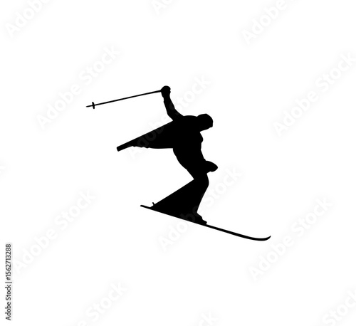Silhouette of a skier performing a jump, mid-air, with skis and poles.