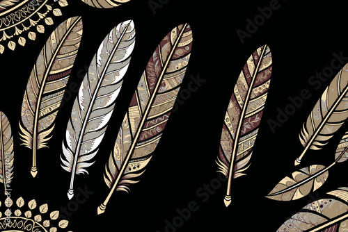 Bohemian Feather Art on Black-Intricate Feather Designs-Tribal Style Feathers Illustration-Feathers with Detailed Patterns-Elegant Feather Background-Black Backdrop