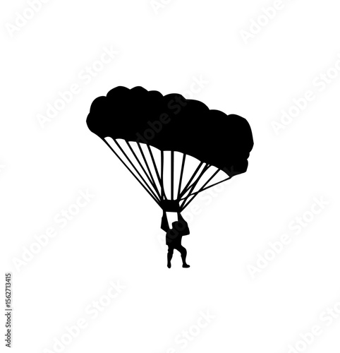 Silhouette of a parachutist descending with an open parachute, isolated on white.