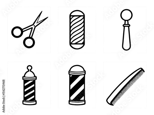 Collection of six black and white icons representing barber shop tools and symbols