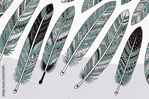 Boho Chic Feathers-Detailed Feather Art-Colorful Feather Illustration-Unique Feather Designs-Feather Art for Crafts-Creative Feather Patterns-Tribal Feather Style
