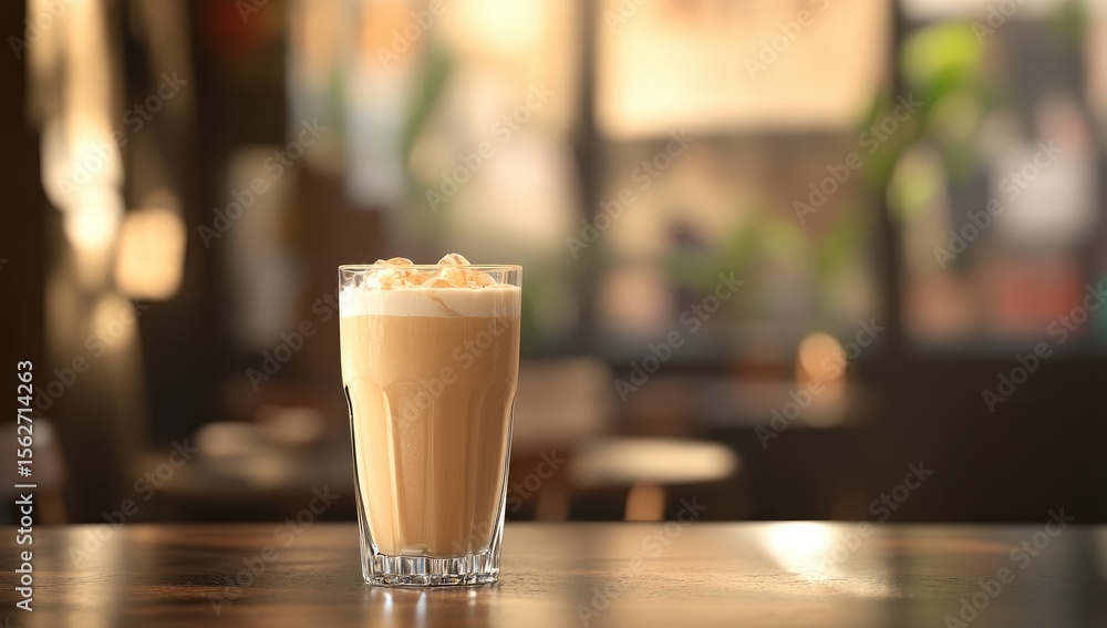 Iced coffee drink in glass, cafe setting Iced coffee drink in glass, cafe setting