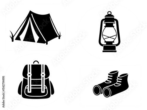 Camping icons featuring tent backpack lantern and hiking boots for outdoor adventures