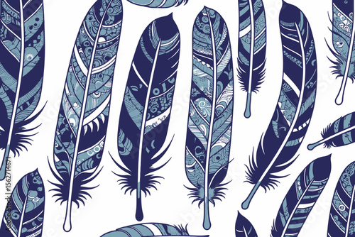 Detailed Feather Illustration in Blue and Purple Hues-Intricate Feather Designs on White Background-Bohemian Style Feather Art for Creative Projects