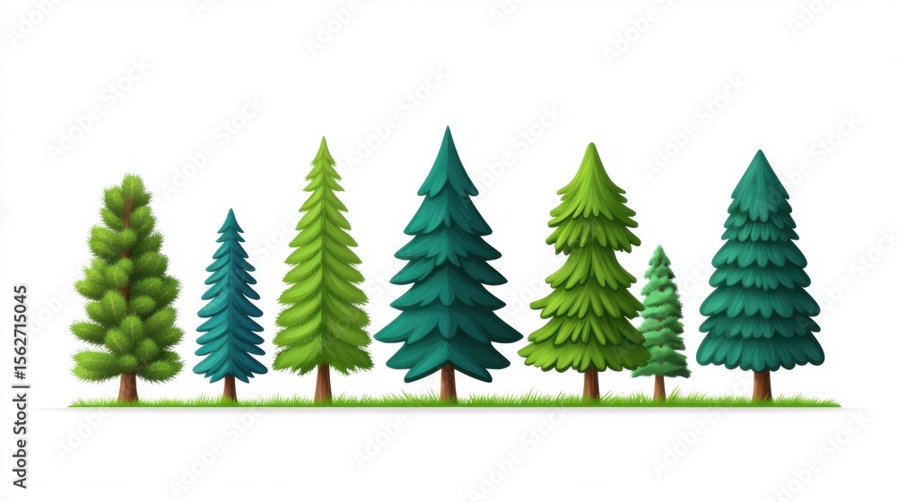Obraz premium Colorful Cartoon Trees with Various Shapes and Sizes on White Background