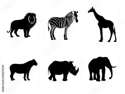 Collection of african safari animal silhouettes in black and white