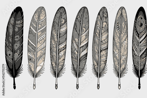 Detailed Feather Illustrations-Black and White Feather Art-Intricate Feather Designs-Boho Style Feather Graphics-Feather Illustration Collection