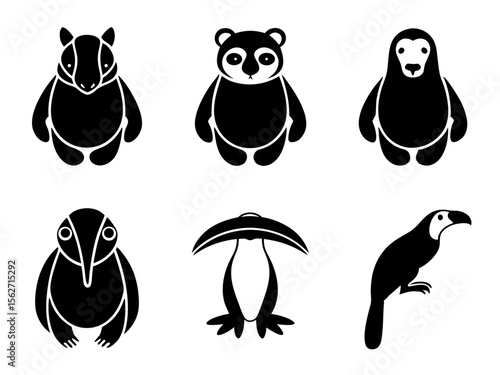 Collection of stylized black and white animal icons including a tapir panda penguin kiwi and toucan