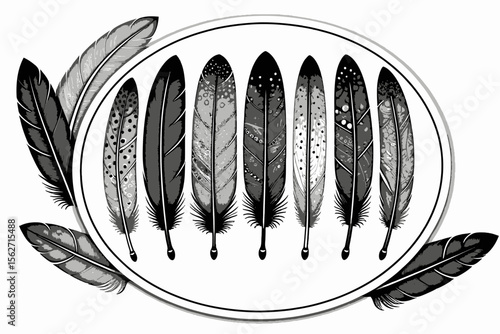 Elegant Black and White Feather Illustration - Detailed Feather Art in Circular Frame - Perfect for Art Prints and Decorative Designs