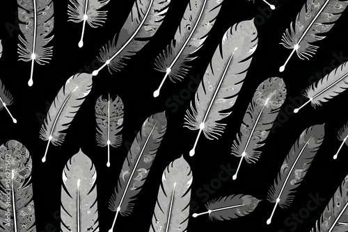 Elegant Feather Art on Black Background - Detailed Silver Feathers Pattern - Abstract Feather Design for Creative Projects - Artistic Feather Illustration