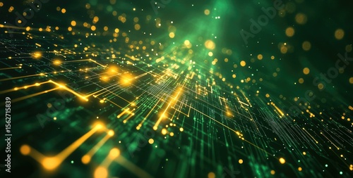 Abstract digital network. Deep green and gold interconnected lines, points, and particles create a dynamic, futuristic cityscape
