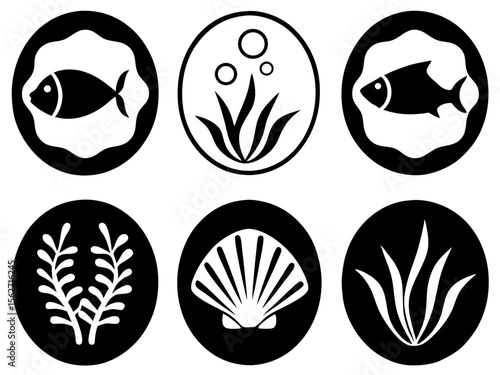 Set of six black and white circular icons depicting marine life and aquatic plants
