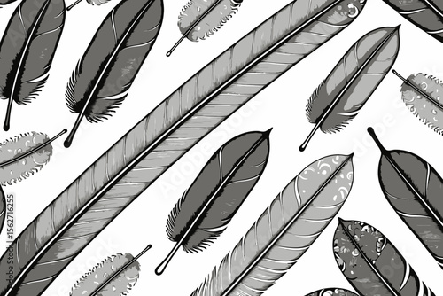 Elegant Feather Pattern-Black and White Illustration-Detailed Feather Designs-Artistic Background-Nature Inspired-Unique Feather Graphics-Seamless Feather Texture