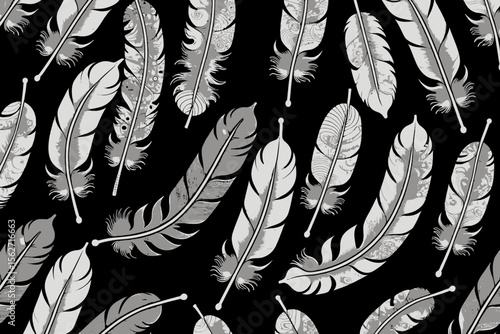 Elegant White Feather Pattern on Black Background - Detailed Quill Illustration for Creative Projects - Nature Inspired Design for Arts and Crafts
