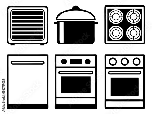 Collection of kitchen appliances and cookware in black and white outline style