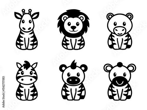 Cute cartoon safari animals including a giraffe lion zebra and bear in black and white