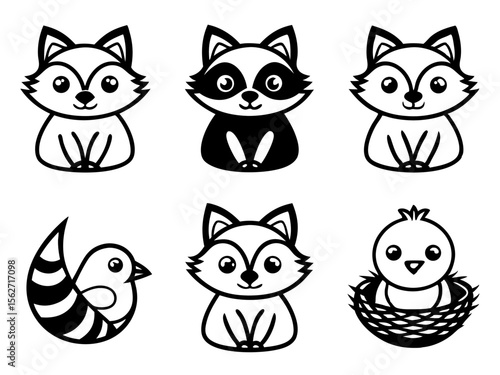 Cute cartoon foxes raccoons and birds in black and white
