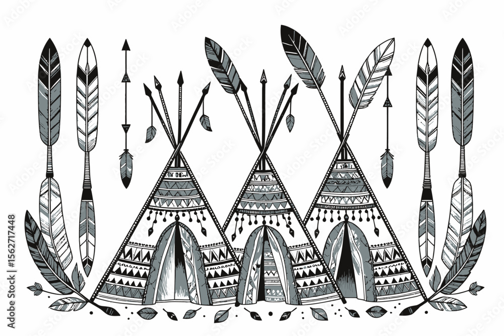 Naklejka premium Native American Teepees and Feathers Graphic Design-Boho Style Tents with Arrows and Decorative Feathers-Tribal Art Illustration for Prints and Wall Decor