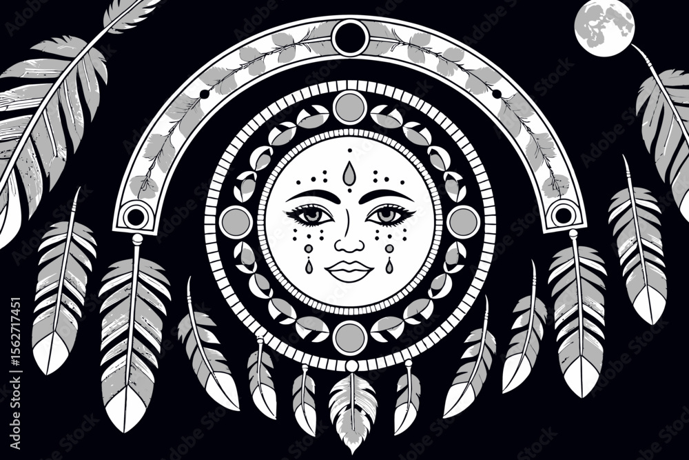Obraz premium Mystical Moon and Feather Dreamcatcher Art-Bohemian Celestial Illustration-Esoteric Wall Decor-Spiritual Home Design-Fantasy Moon Artwork with Detailed Feathers
