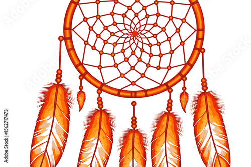 Orange Dreamcatcher Illustration-Native American Art-Boho Wall Decor-Spiritual Symbolism-Handmade Dream Catcher-Feathers and Beads-Dream Protection Amulet